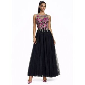 Pronovias black pink green floral tule maxi dress size 14